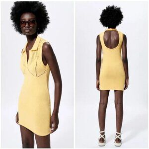 NWT Zara‎ Yellow Knit Polo Dress with Cutwork Detail Size Small